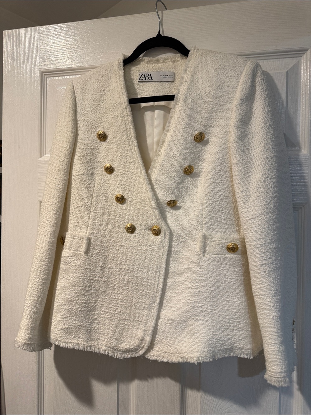 Zara Cream Bouclé Double-Breasted Blazer with Gold Buttons
